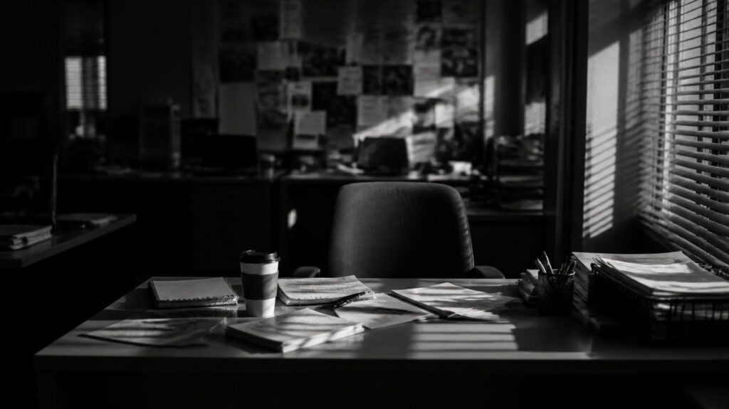 Cluttered newsroom desk at mid-morning, cold coffee cup, scattered notepads, empty chair pushed back, blinds casting stripes