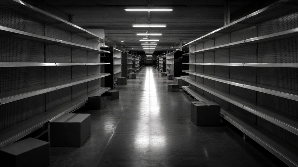 Wide supermarket aisle at closing time, empty metal shelves, scattered cardboard boxes on the floor, fluorescent light overhead