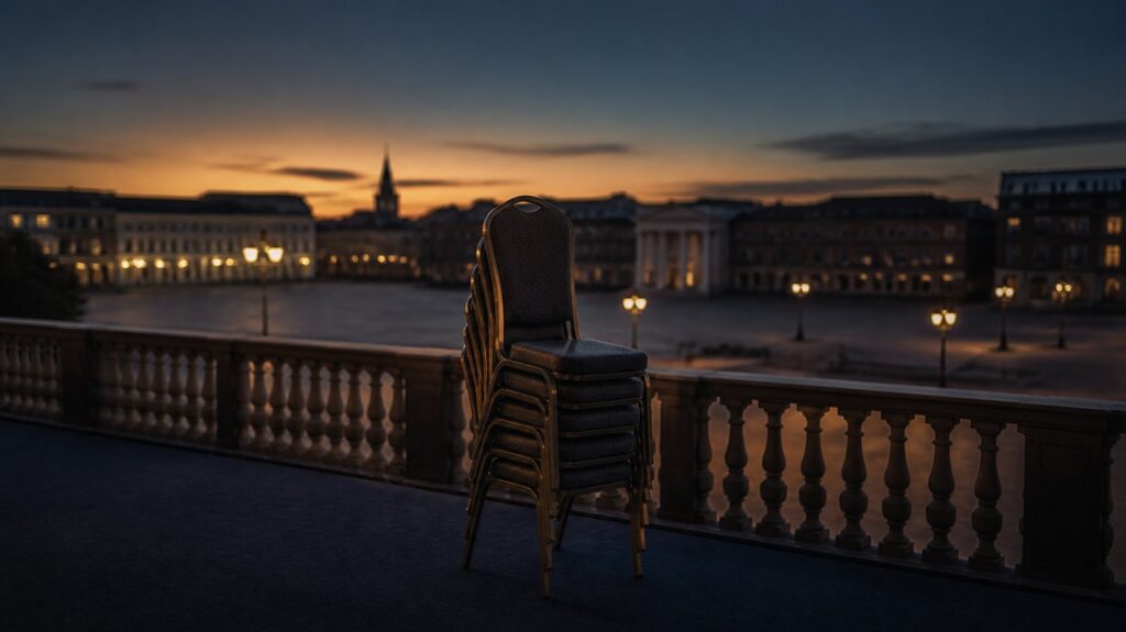 Empty hotel ballroom balcony overlooking a deserted summer square at dusk, chairs stacked against the railing, streetlamps just lit