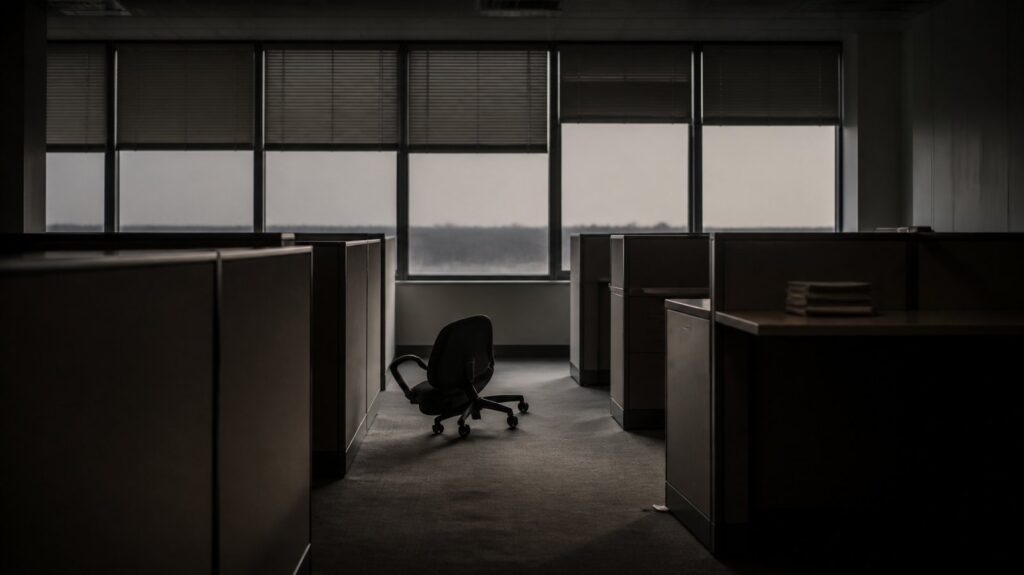 Rows of unused office cubicles at dusk, one swivel chair knocked sideways, blinds half-drawn over grey window light