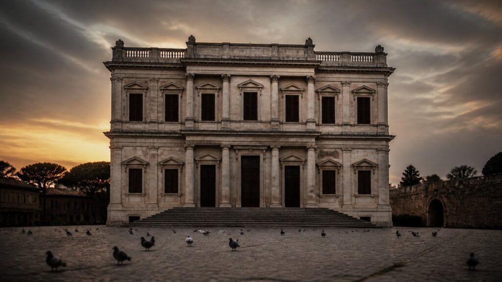 Weathered marble ministry building facade in Rome at dusk, closed shutters, empty stone steps, pigeons scattering across the courtyard