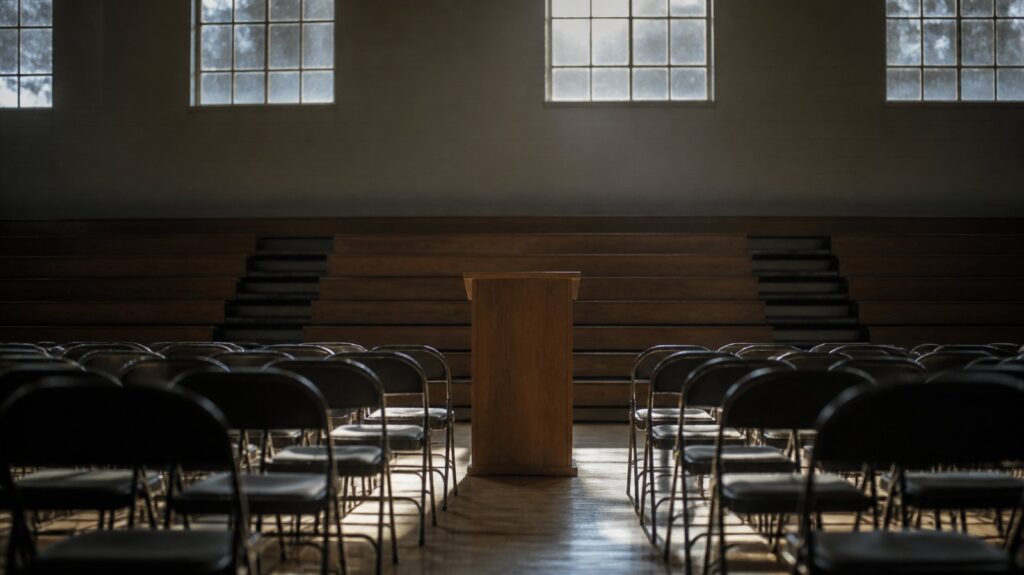Rows of empty folding chairs facing a bare wooden podium in a provincial gymnasium, morning light through high windows