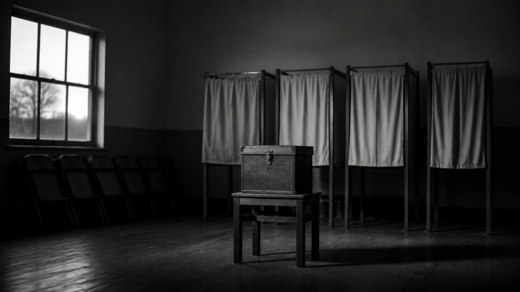 Empty polling station at dusk, wooden booths with drawn curtains, a sealed ballot box, folding chairs stacked against bare walls