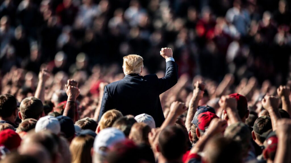 Crowded political rally seen from behind, hundreds of raised arms and hats, blurred faces packed tightly under bright afternoon sunlight
