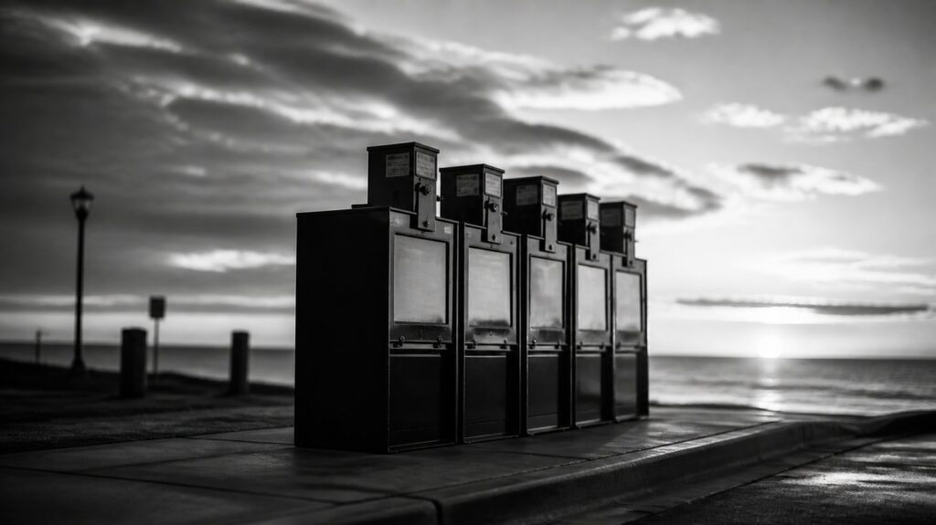 Rows of newspaper vending boxes on a windswept sidewalk at dawn, their glass doors reflecting an overcast sky