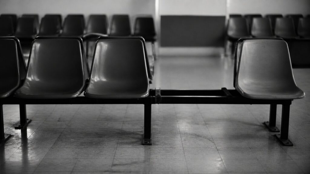 Rows of empty molded plastic chairs bolted together in a fluorescent-lit waiting room, one seat missing, worn linoleum floor