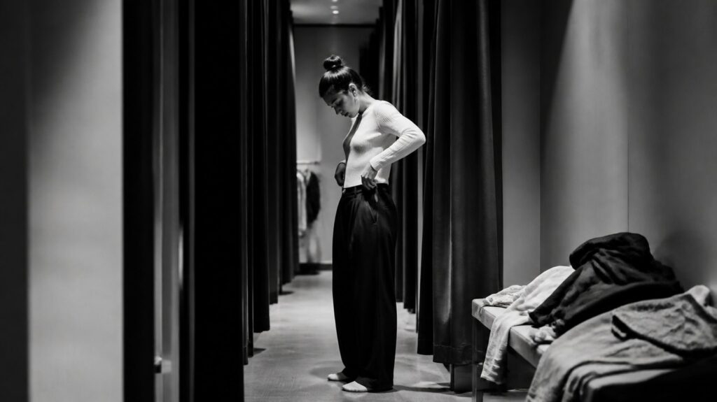 Crowded fitting room corridor with heavy curtains half drawn, discarded garments piled on a wooden bench under harsh lighting