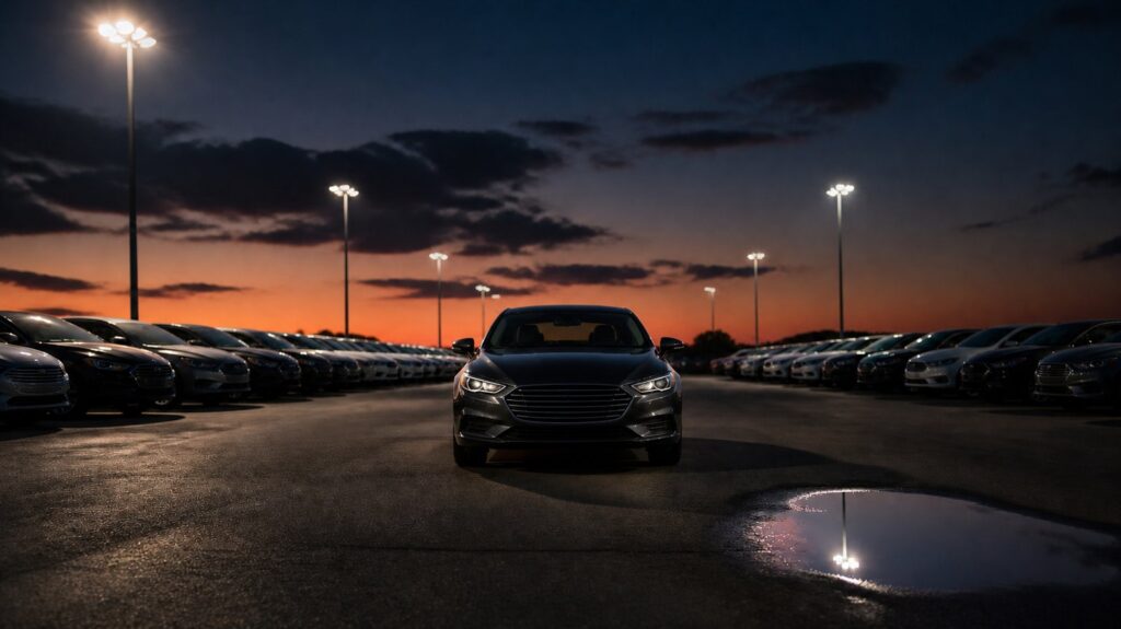 Wide empty asphalt showroom forecourt at dusk, rows of unsold sedans under floodlights, a single reflective puddle at the edge