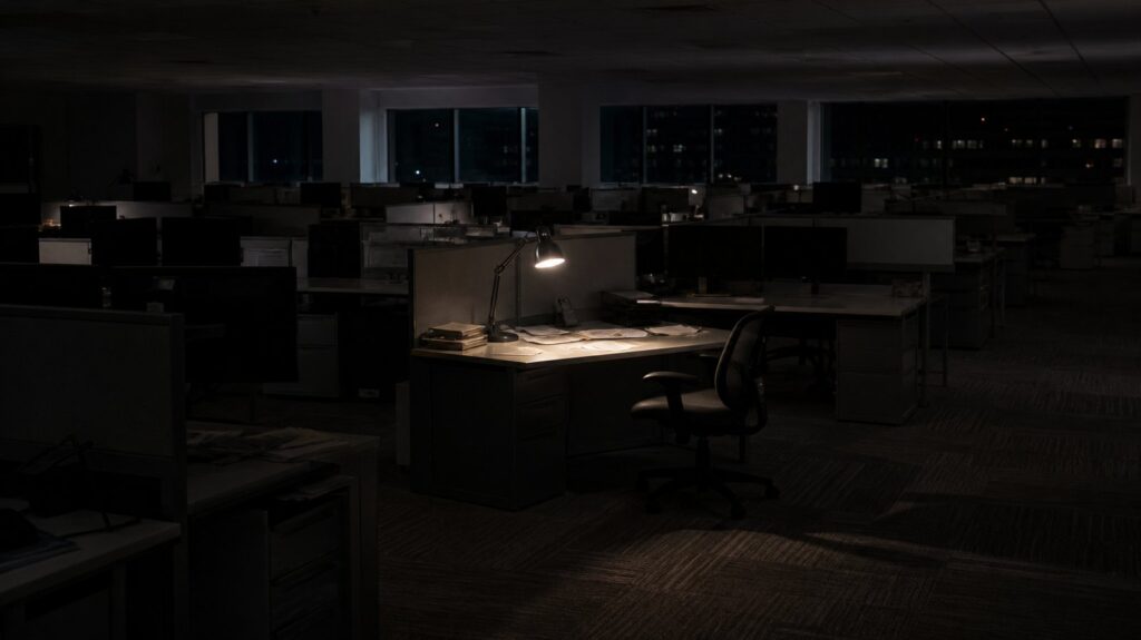 Rows of empty office desks at night, one chair pulled out, a single lamp still burning over scattered papers