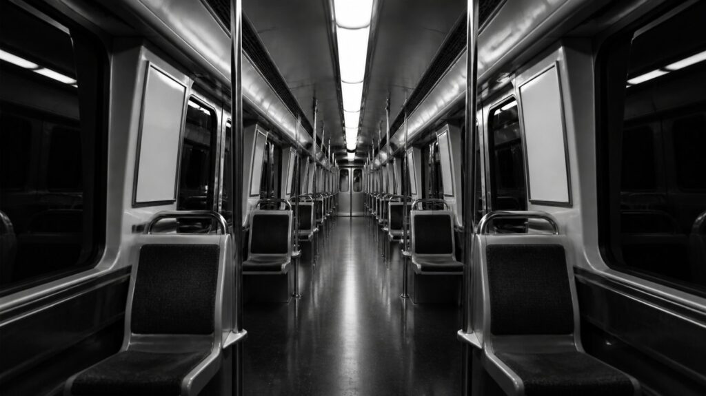 Empty Paris metro carriage at night, rows of vacant seats under harsh fluorescent light, blank advertising frames on curved walls