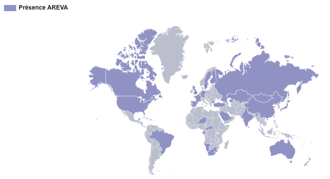Carte des présences d'Areva à travers le monde